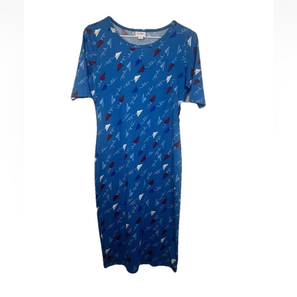 LuLaRoe Julia T-Shirt Dress Size XS‎ Sail Boat Patriotic Theme NWT 3/4 sleeves
